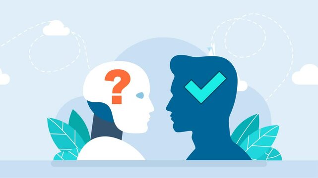 Artificial intelligence vs human mind, new ideas, question marks, check mark tab. Artificial Intelligence VS Human. Difference between a robot and a man. 2d flat animation	