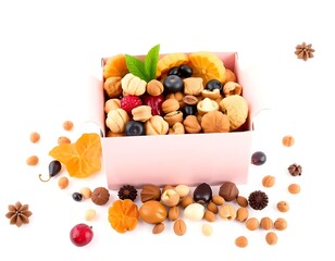 Assorted nuts and fruits in pink box on white background healthy food snack mix delicious nutrition diet