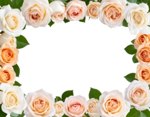 A beautiful arrangement of delicate cream and peach roses with green leaves forms an elegant floral border.