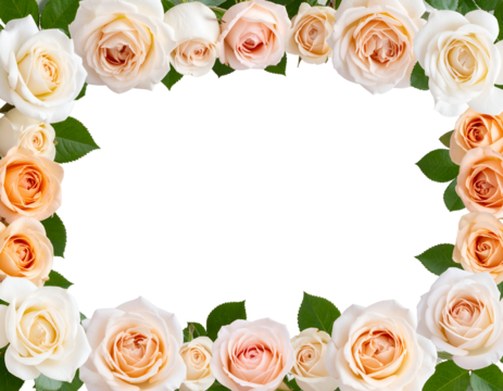 A beautiful arrangement of delicate cream and peach roses with green leaves forms an elegant floral border.