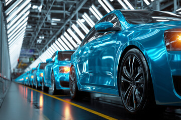 A row of blue cars are being manufactured in a factory