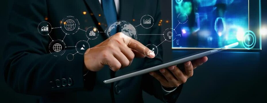 Businessman using tablet with virtual CRM interface, showing global network, analytics, data exchange, digital marketing, and customer relationship technology. Copy space area