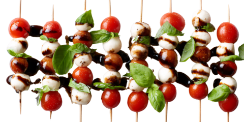 Fresh Caprese Skewers with Balsamic Glaze and Basil Leaves, a Delicious Appetizer or Snack for Healthy Eating and Summer Gatherings