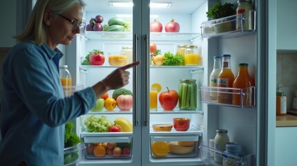 A person opening a well-stocked refrigerator full of fresh, colorful groceries.

