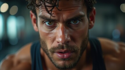 An intense close-up of an athlete's face with sweat and determination during a workout.