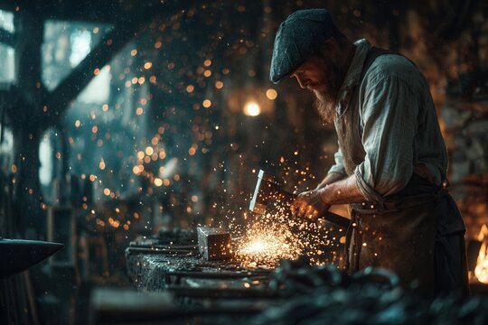 Skilled blacksmith forging hot metal in traditional workshop. Dramatic sparks fly as craftsman works with hammer and anvil. Atmospheric lighting creates moody industrial scene.