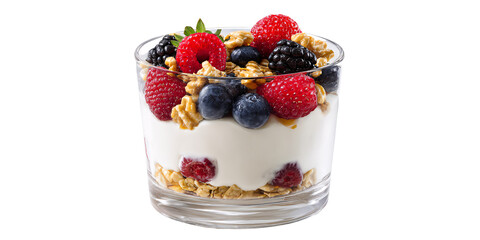 Delicious yogurt parfait with fresh berries and granola in a glass Healthy breakfast concept with raspberries, blueberries, and blackberries for a nutritious start