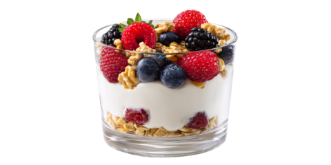 Delicious yogurt parfait with fresh berries and granola in a glass Healthy breakfast concept with raspberries, blueberries, and blackberries for a nutritious start