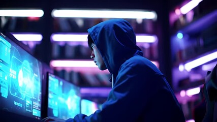 Teenager in Blue Hoodie at Multiple Glowing Monitors in Cyberpunk Neon Lit Room - Powered by Adobe