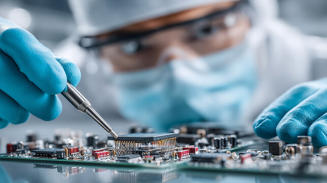 Precision work on a microchip by a gloved technician ensures quality and innovation in electronics.