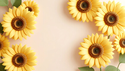 Bright sunflowers with vibrant yellow petals and rich brown centers create cheerful floral arrangement against soft pastel background