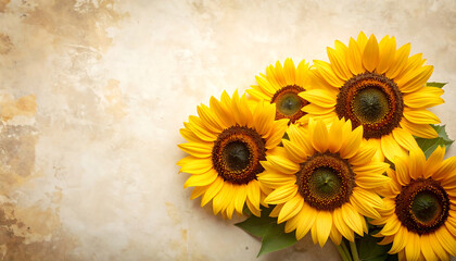 Bright sunflowers arranged beautifully on textured background create warm and inviting atmosphere, perfect for any design project