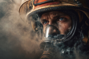 Fototapeta premium A firefighter is wearing a mask and looking at the camera