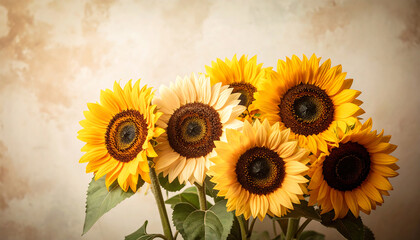 Vintage style sunflowers with warm tones and soft textures create charming floral arrangement, evoking feelings of nostalgia and warmth