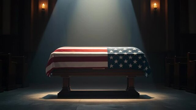A flag-draped coffin resting on a stand in a solemn, quiet memorial hall.
