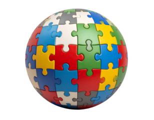 A vibrant spherical puzzle symbolizes global connection and diverse elements coming together.