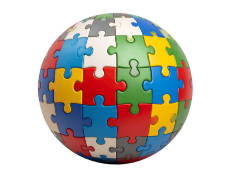 A vibrant spherical puzzle symbolizes global connection and diverse elements coming together.