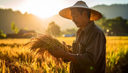 Fototapeta premium Farmer harvesting rice in bright rural field. Authentic, cultural, and grounded—perfect for agriculture and sustainability visuals.