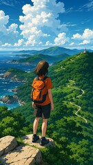 Obraz premium Girl Hiker Standing on Scenic Mountain Ridge