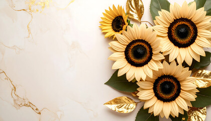 Elegant sunflower arrangement with gold foil accents on marble background, creating luxurious and vibrant display of nature beauty