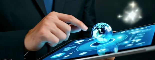 A businessman in a suit interacts with a digital tablet, displaying a glowing 3D hologram of Earth, symbolizing global connectivity and futuristic technology. Copy space area - Powered by Adobe