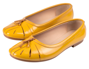Stylish yellow women's flats featuring charming decorative cuts and small brown bows.