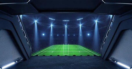 Entrance to a floodlit sports stadium full of cheering fans with an rugby pitch before a league match. Professional sports 4k video for advertisement background.