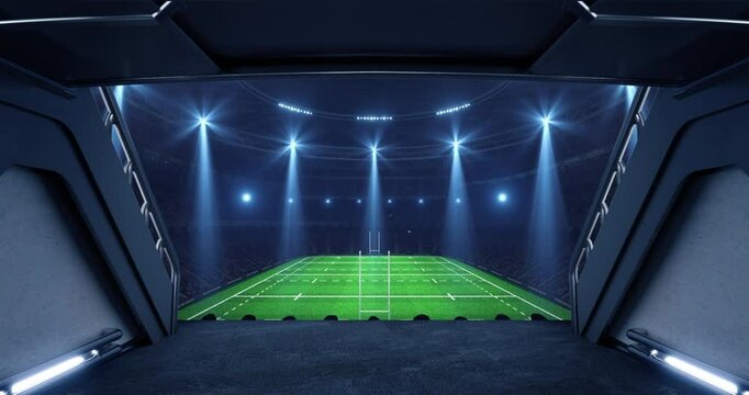 Entrance to a floodlit sports stadium full of cheering fans with an rugby pitch before a league match. Professional sports 4k video for advertisement background. - Powered by Adobe