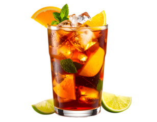 Enjoy a frosty glass of invigorating iced drink, perfectly garnished with citrus slices and fresh mint.