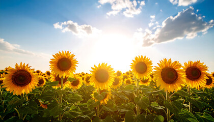 Fototapeta premium Bright sunflowers blooming in vibrant field under clear blue sky, radiating warmth and joy as they reach for sun