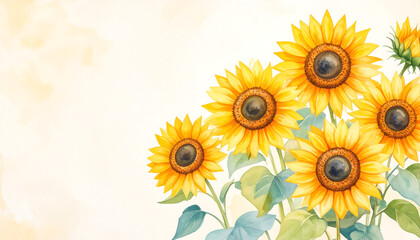Obraz premium Artistic watercolor sunflowers with vibrant yellow petals and dark centers, set against light cream background, evoke cheerful and warm atmosphere