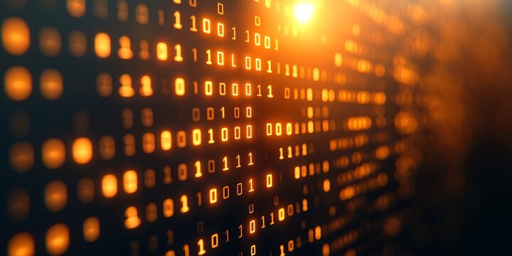 digital binary code in warm light with data technology theme