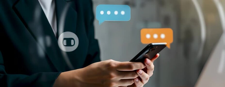 Businesswoman using laptop and smartphone with contact icons, chatbot interface, email, and phone symbols for real-time support, help desk, and digital customer service solutions. Copy space area