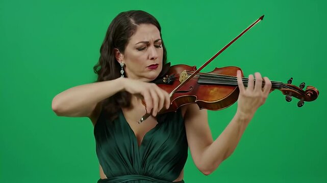 Professional Woman Playing Violin on Green Screen for Video Compositing