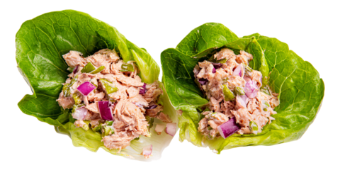 Healthy Tuna Salad Lettuce Wraps with Red Onion and Green Pepper on a Black Background for a Nutritious and Delicious Meal