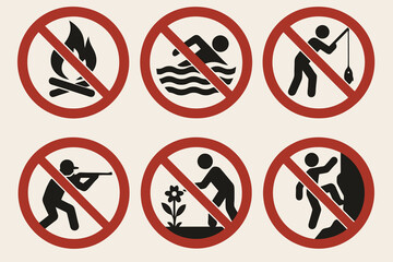 Classic "no" signs for nature areas. Clean, minimal vector style.