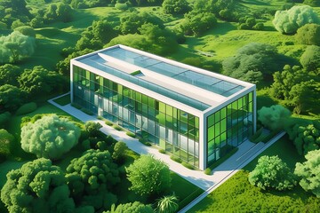 Aerial view of a modern glass building surrounded by green trees and grass