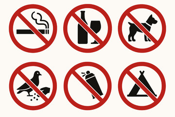 6 public space prohibition signs. Red circles with black icons on white.