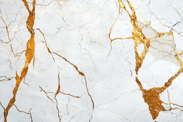 Obraz premium A luxurious white marble surface intricately veined with striking gold and subtle brown patterns, creating an elegant and opulent abstract background.