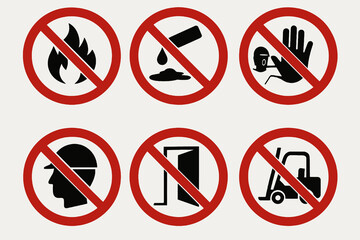 Red "no" circle with black icons on white for safety. Clean vector set.