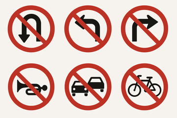 6 road prohibition signs with classic red circle and black icons on white.