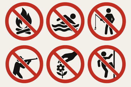 6 outdoor prohibition icons. Red circle with black pictograms on white.