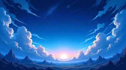 Majestic Mountain Landscape at Sunrise: Cartoon Sky with Clouds and Stars, Peaceful Nature Scenery