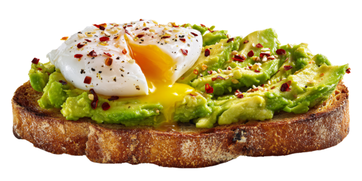Delicious avocado toast with poached egg and chili flakes on a rustic bread, showcasing healthy breakfast and brunch concept
