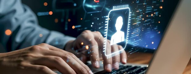 Hands typing on laptop with glowing AI assistant and chatbot interface, symbolizing artificial intelligence, coding, digital automation, and virtual support system technology. Copy space area - Powered by Adobe