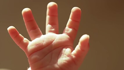 Infant Hand Closeup with Soft Beige Backdrop Showcasing Small Fingers and Delicate Skin in Natural Lighting - Powered by Adobe