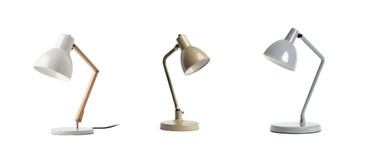 Three different desk lamps displayed showing varying designs and colors