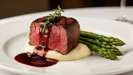 Seared Filet Mignon with Red Wine Reduction, Mashed Potatoes, and Asparagus