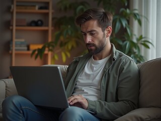 man in online therapy session emotional support mental health 