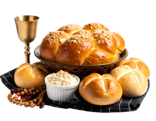 Golden baked bread and rolls arranged with a ceremonial goblet and grains for a festive meal